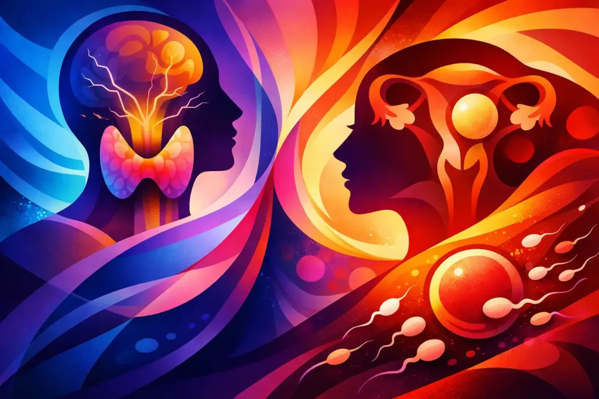 Abstract image of the brain, thyroid, and uterus communicating to bring the egg and sperm together at the right moment in time