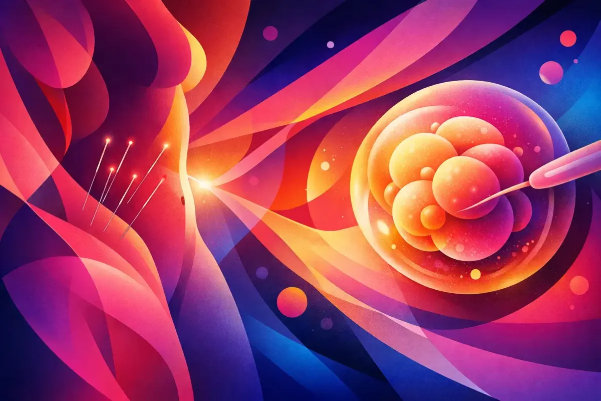 Abstract image on acupuncture needles bringing light to a in vitro fertilized embryo