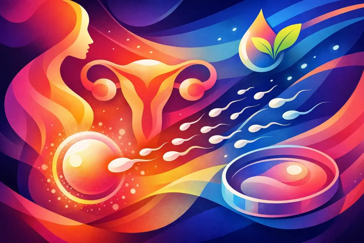Abstract Image of a embryo growing in a petri dish while the woman's uterus is glowing, ready for implantation