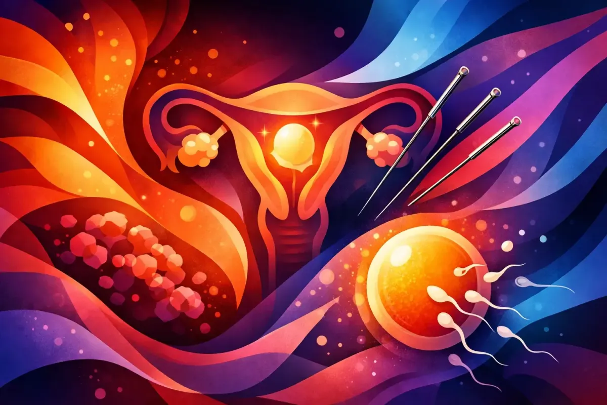 Abstract image of acupuncture needles impacting diseased tissue in the uterine cavity.