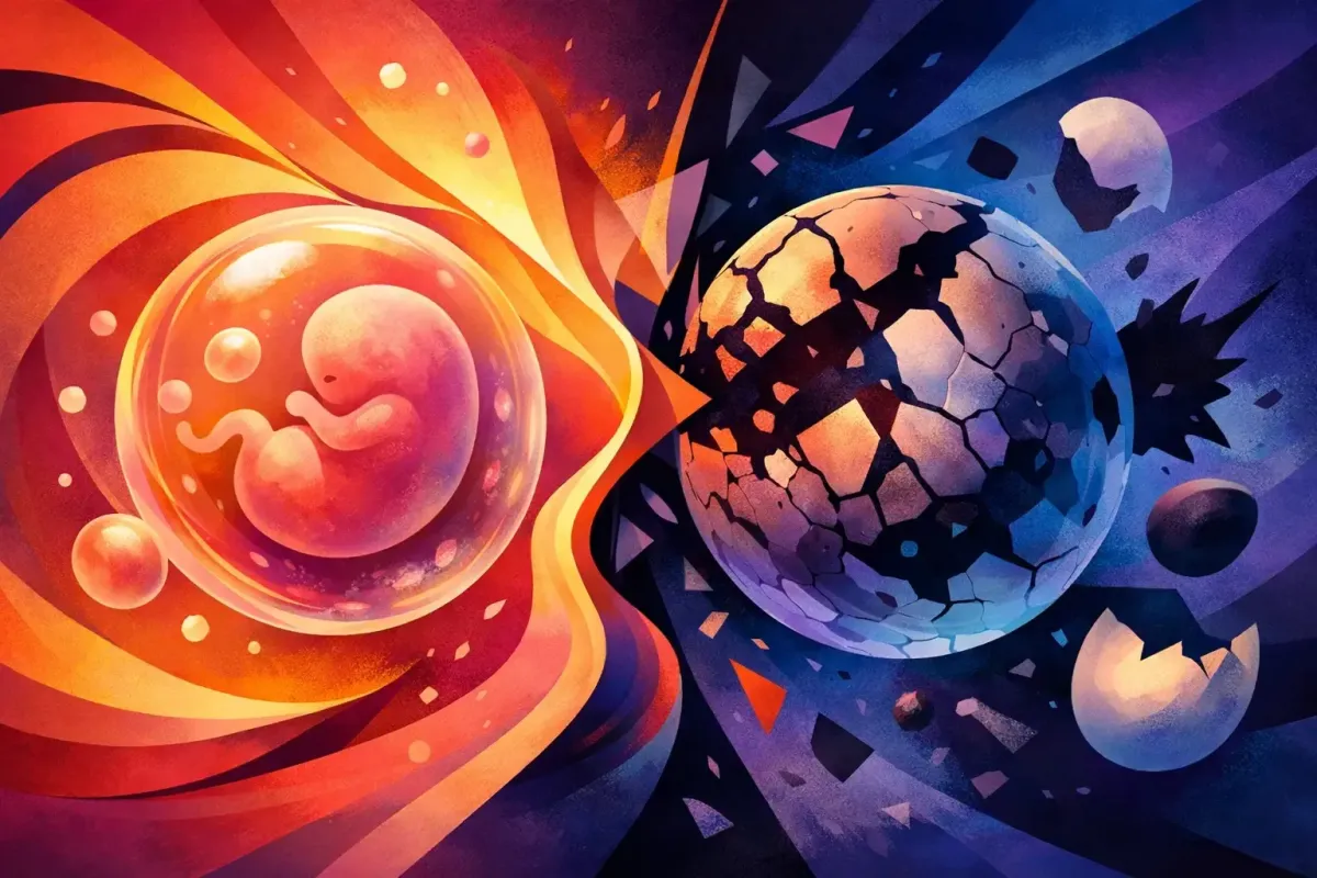 Abstract image juxtaposing the view of a healthy growing embryo and a shattered cell that never made it.