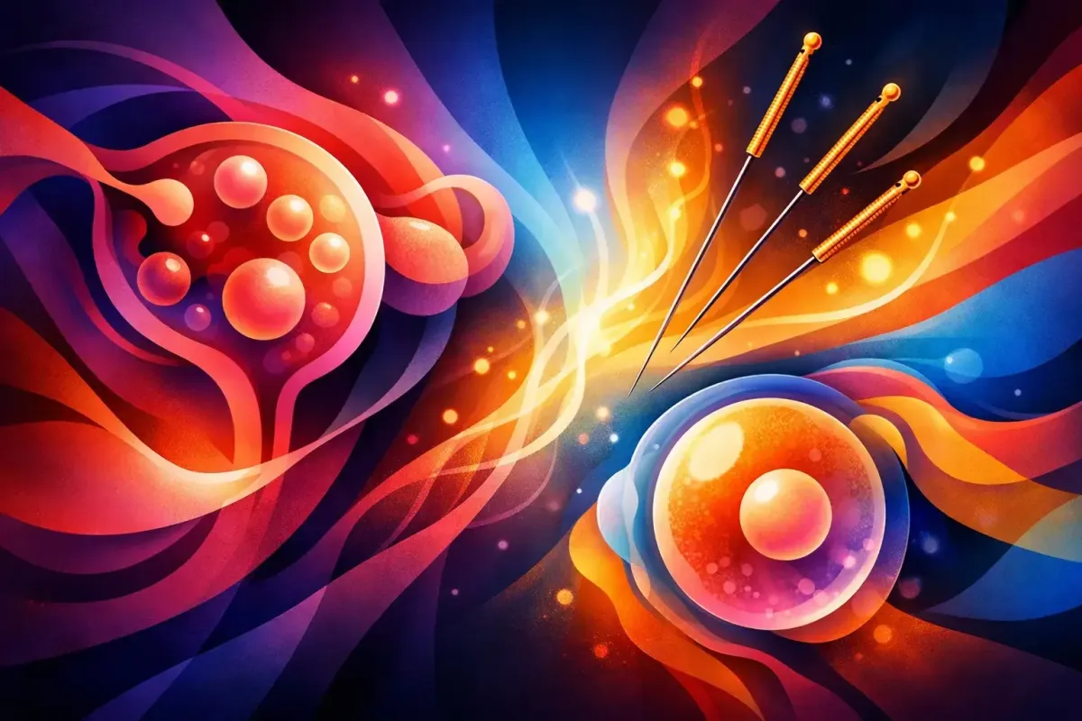 Abstract image on acupuncture needles stimulating oxygen-rich blood flow to the ovaries.