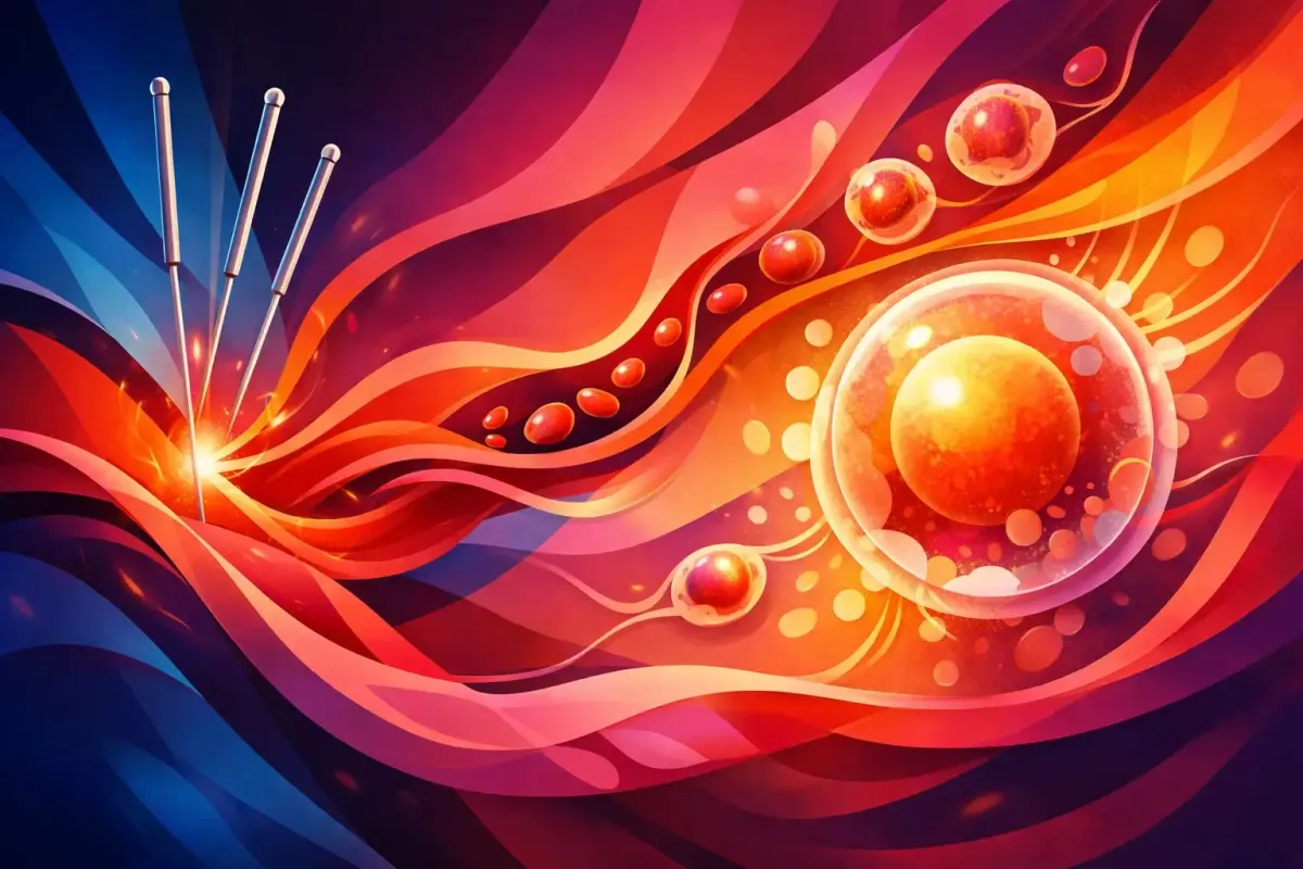 Abstract image of acupuncture needles dilating blood vessels around an ovary.