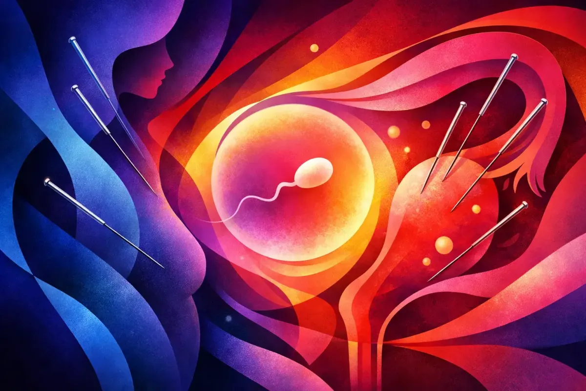 Abstract image of needles stimulating blood flow and metabolic force to a growing embryo attempting to implant in the uterus.