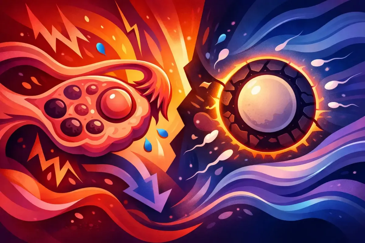 Abstract image of a low quality egg erupting prematurely from a red, inflamed, and cystic ovary littered with follicles.