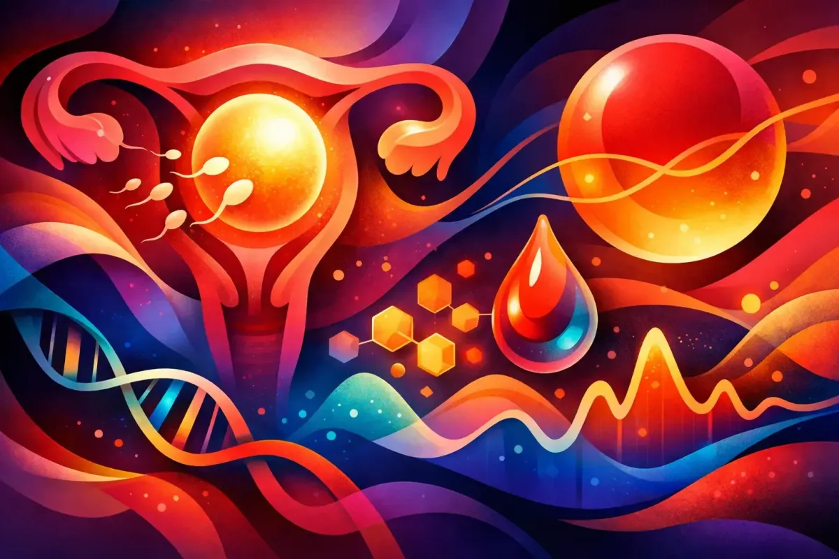 Abstract image of various amino acids, lipids, and carbohydrates flooding the egg cell and striking into a double-stranded piece of DNA.