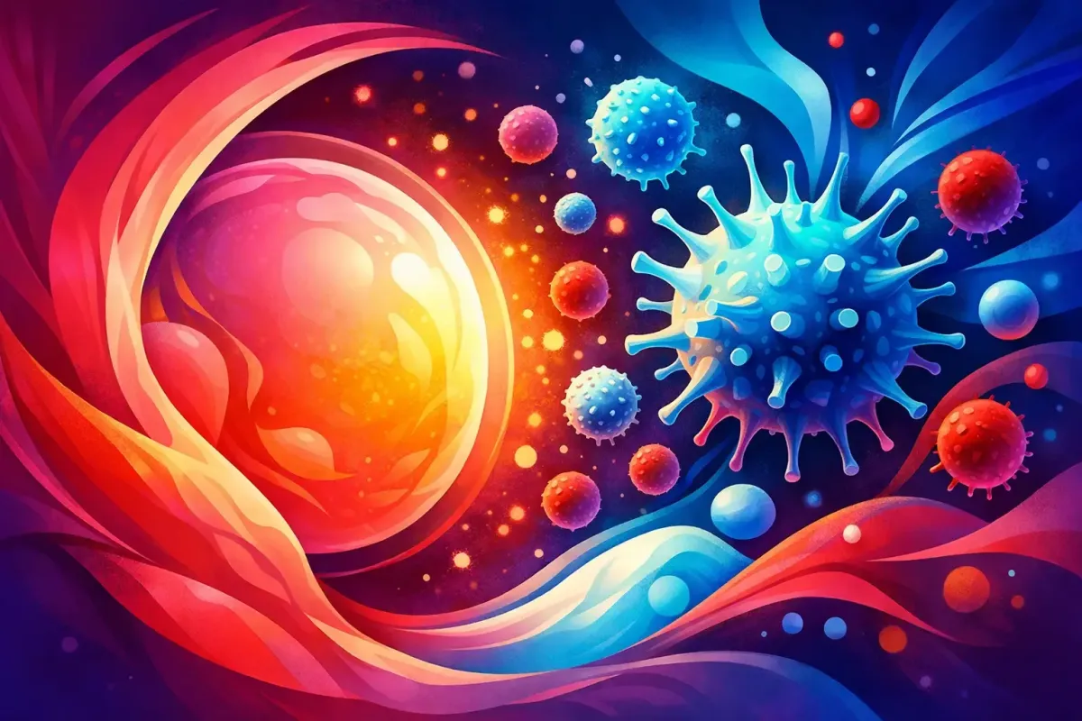 Abstract image of immune cells encroaching on the growing embryo that's implanting into the endometrial cavity.