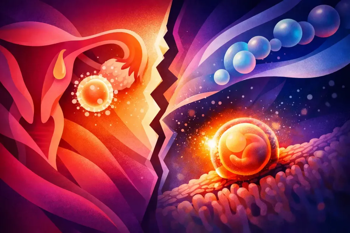 Abstract image of a glowing fused zygote attempting to embed into uterine tissue.