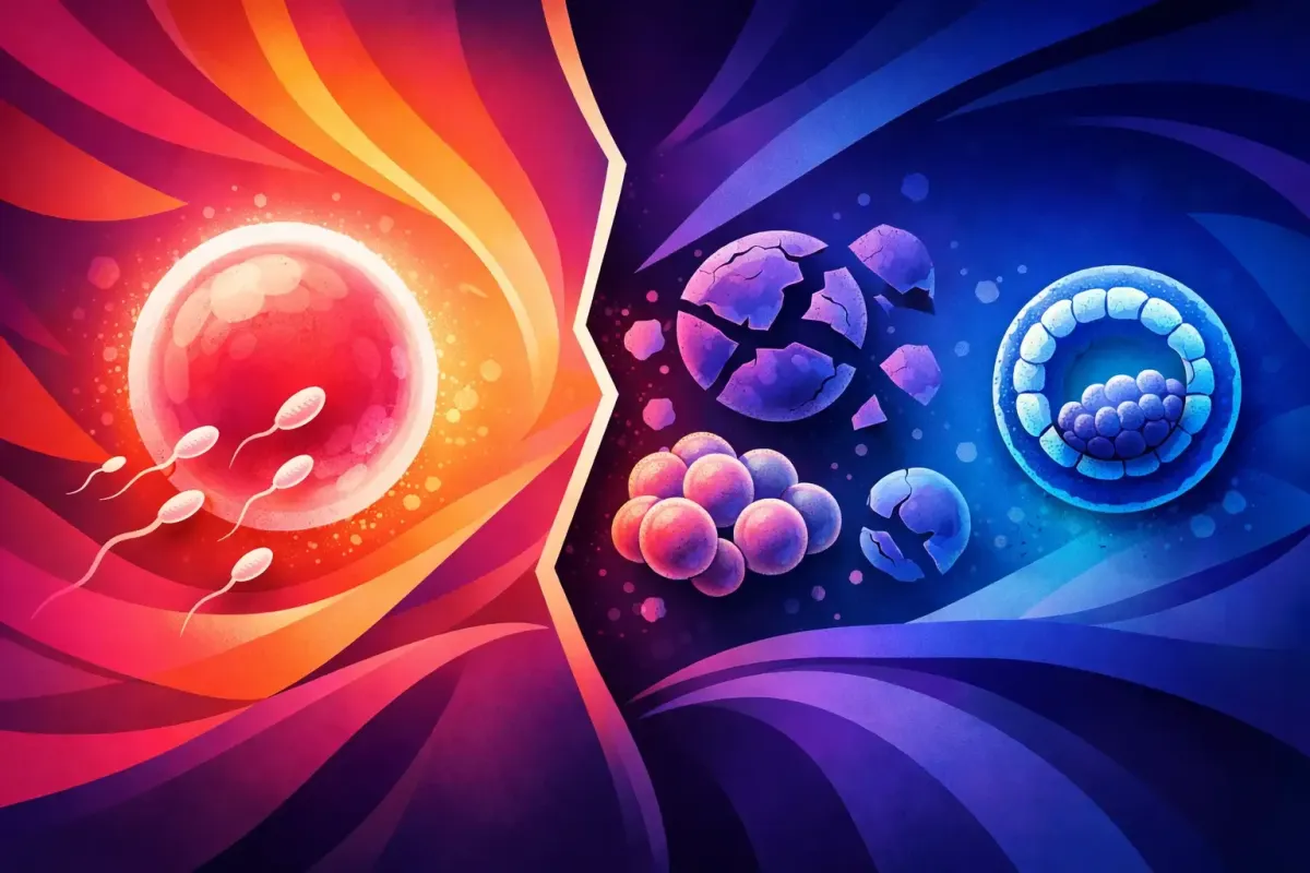 Abstract image of a sperm and egg fusing, but can't quite develop into a clear blastocyst.