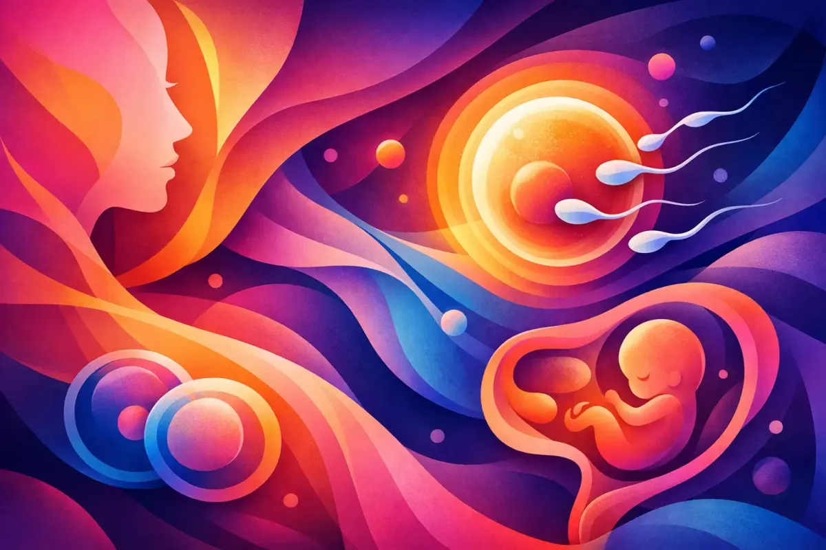 Abstract image of a woman's pelvic environment shining and glowing with a growing embryo in it.