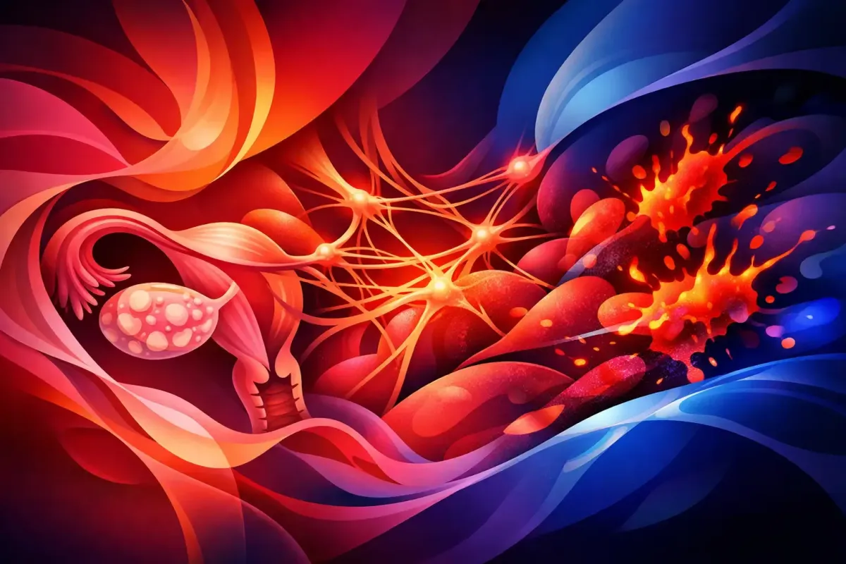 Abstract image of adhesions disrupting the natural movement and pulsating of an otherwise healthy ovary and uterus.