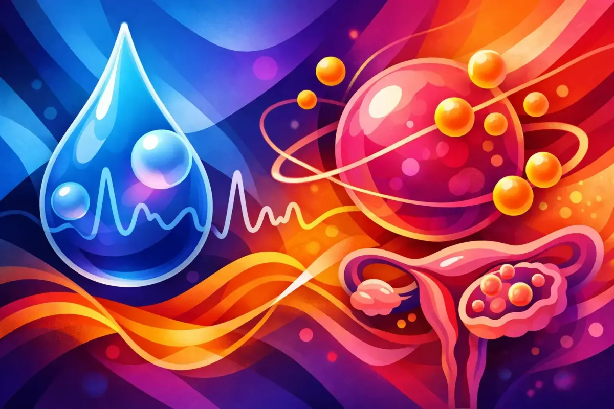 Abstract image of molecules of glucose buzzing around the uterus and ovaries.