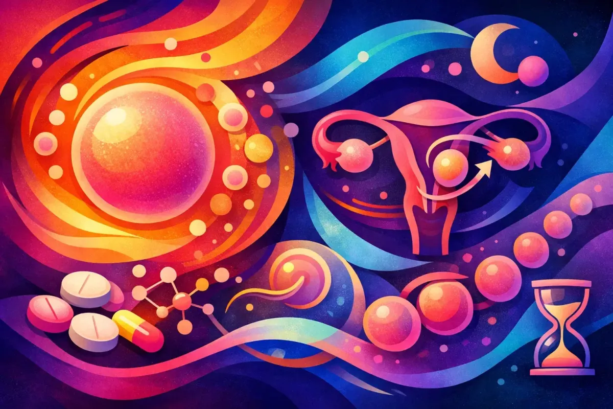 Abstract image of a ticking clock as molecules flood the ovaries and uterus, under a half moon.