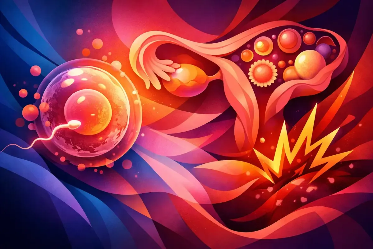 Abstract image of inflamed ovaries with several follicles and spastic muscles with eggs trying survive.