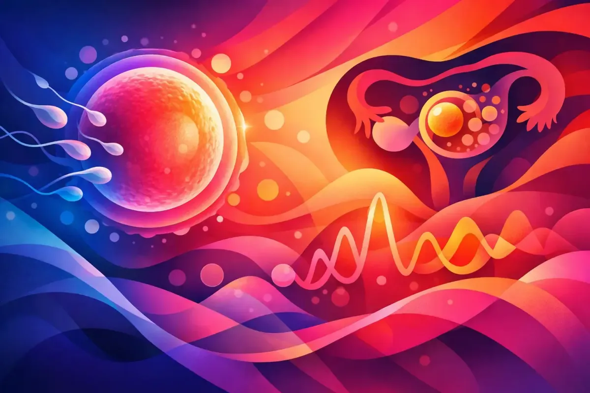 Abstract image of a follicle about to erupt during ovulation, interacting with molecules. 