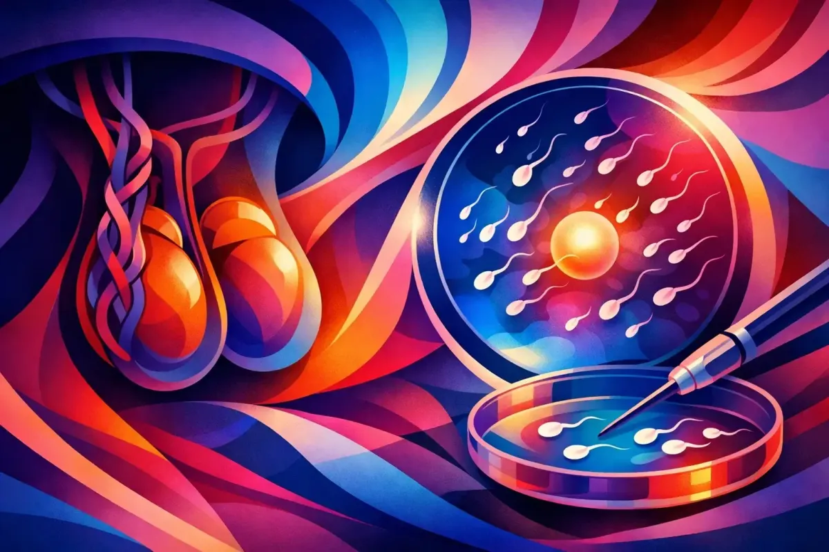 Abstract image of glowing testes and sperm swimming in a petri-dish.