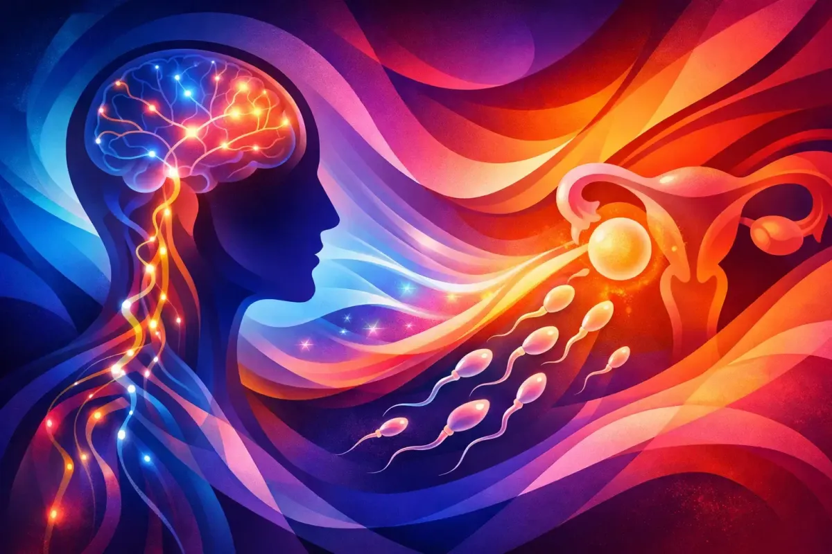 Abstract image of a man's brain lighting up with neurological activity firing down long chains of neurons and stimulating the testes.