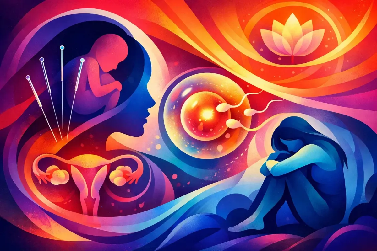 Abstract image of a woman curled up crying while waiting for her IVF transfer results.