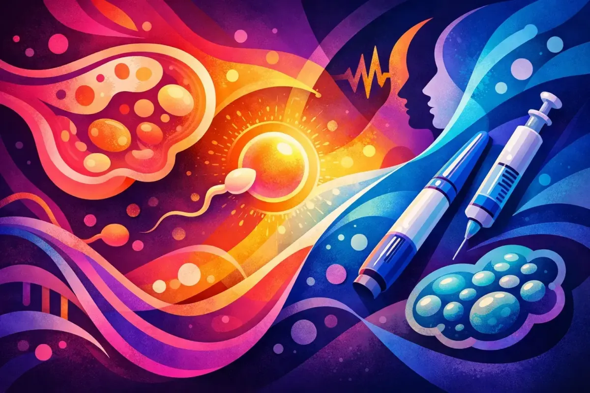 Abstract image of cystic ovaries being injected with syringes containing GLP-1 drugs.