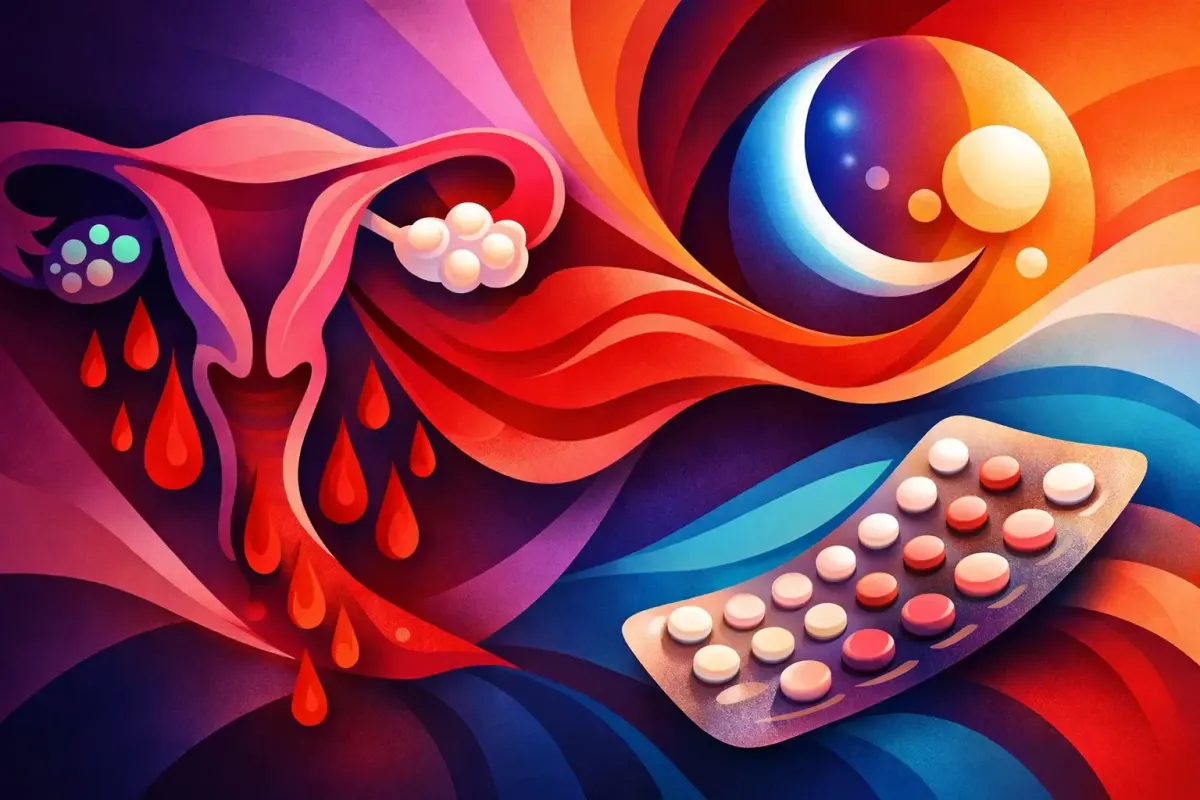 Abstract image of an excessively and irregularly shedding uterine lining behind the image of birth control pills.