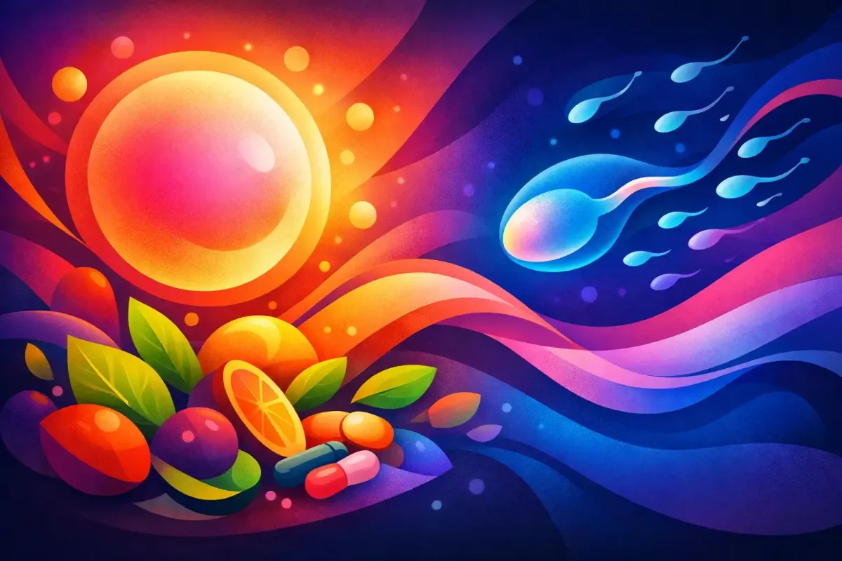 Abstract image of glowing sperms and eggs erupting from a plate full of fresh foliage, herbs, roots, vegetables, seeds, and fruits.