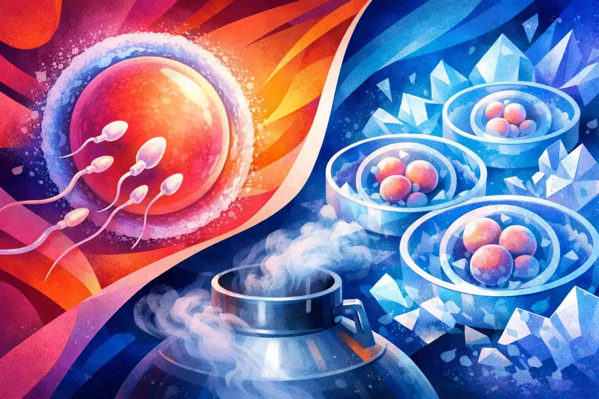 Abstract image of frozen embryos glowing with potential.