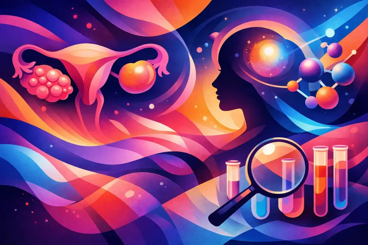 Abstract image of one ovary littered with cysts, and another glowing healthily. 