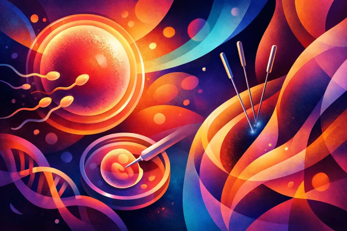 Abstract image of acupuncture needles stimulating the ovaries and uterus to pump life-giving blood to a woman trying to conceive.
