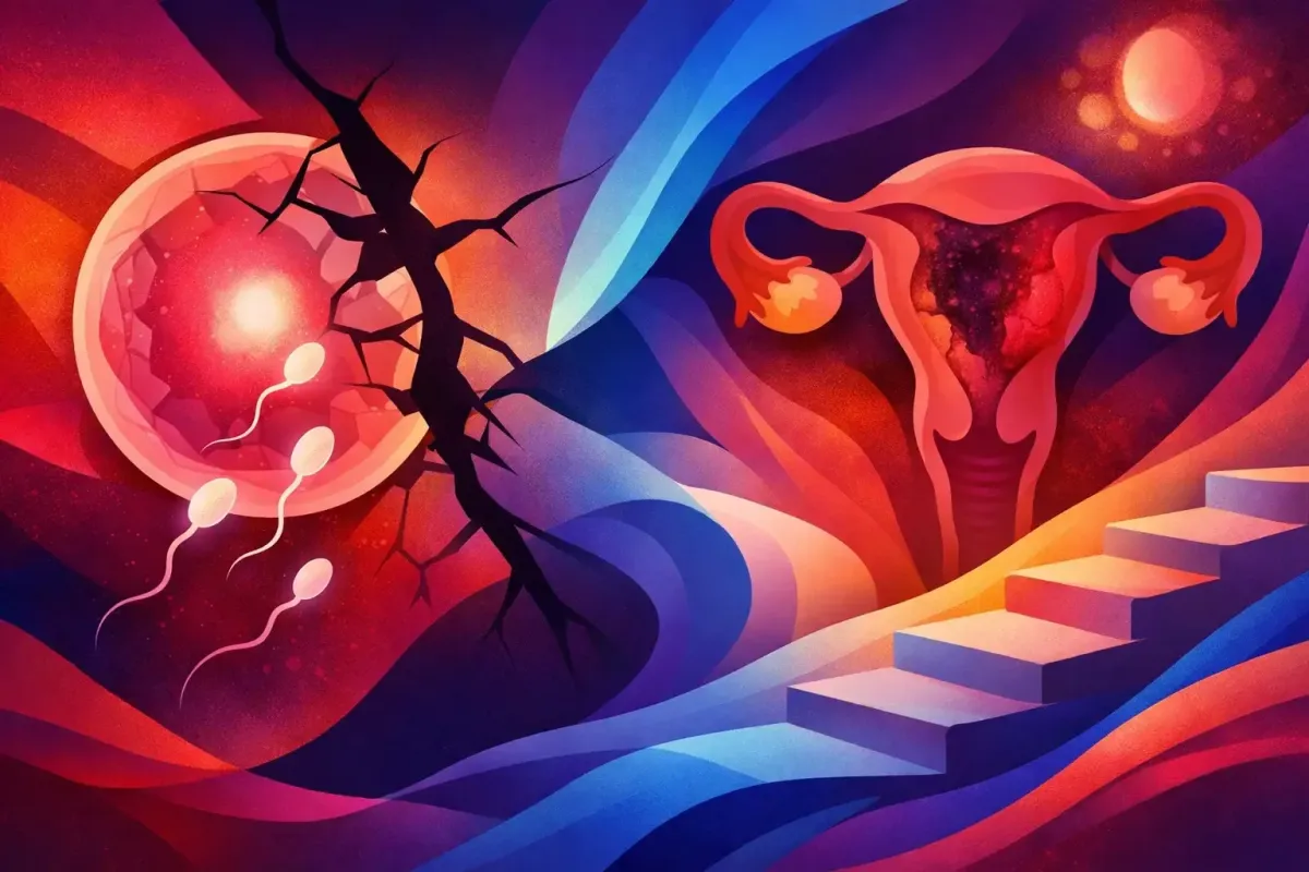 Abstract image of a frozen embryo trying to implant into a uterus littered with adenomyosis.