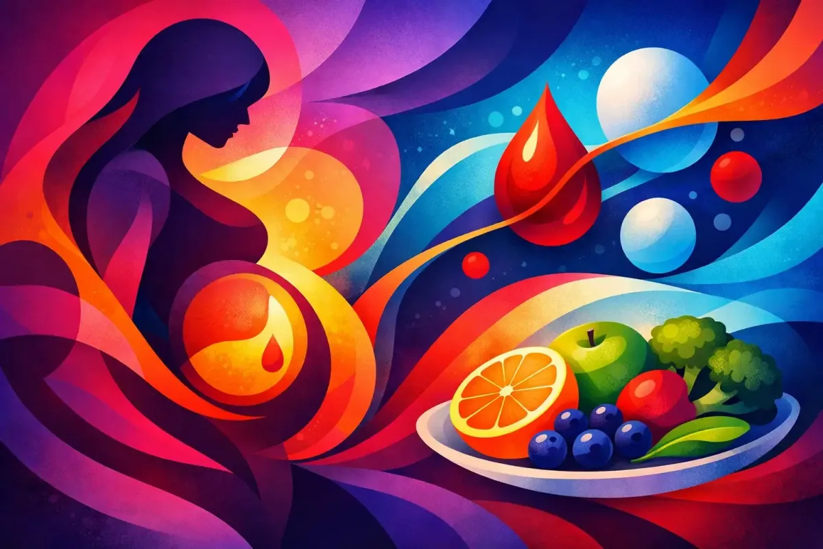 Abstract image of a pregnant woman eating healthy, blood-sugar regulating foods and vegetables.