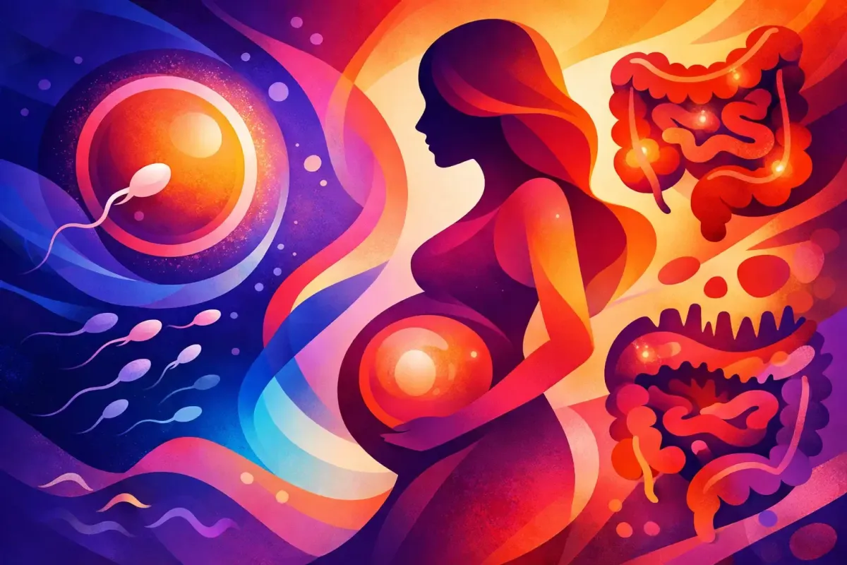 Abstract image of a pregnant woman eating for gut lining healing and blood sugar stability to aid in her pregnancy.
