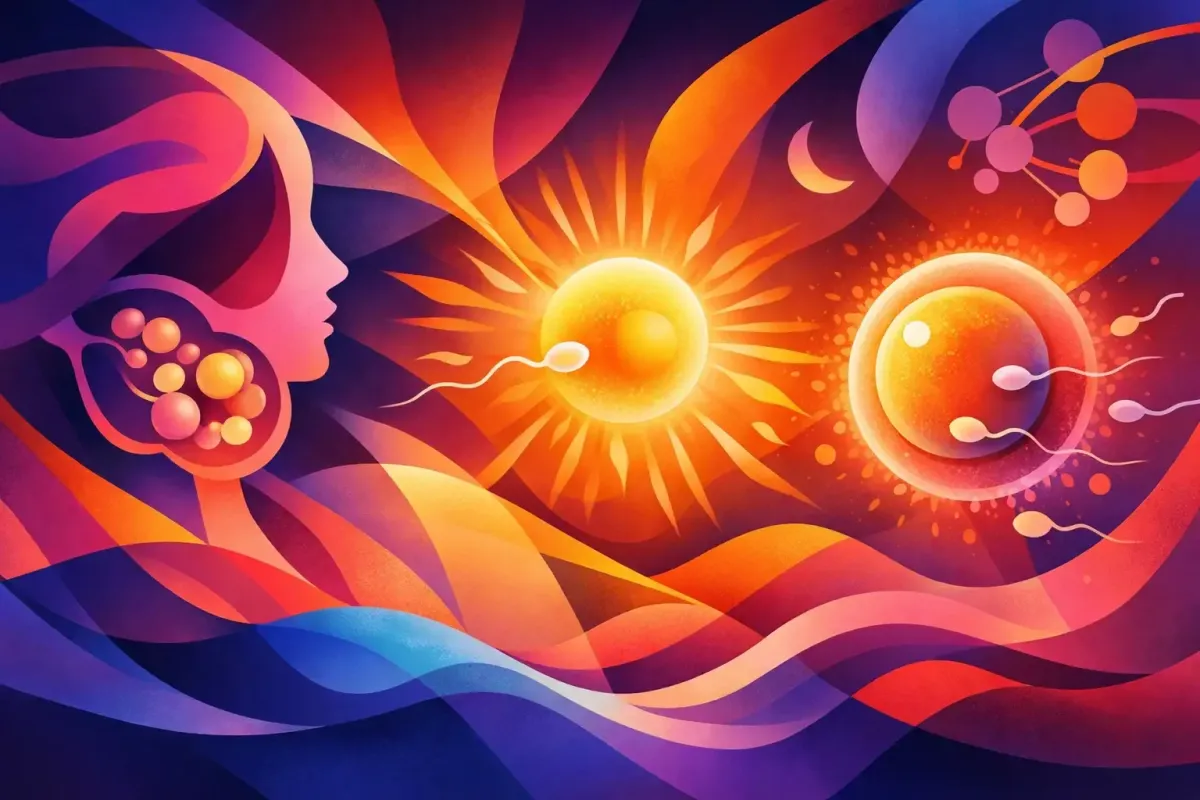 Abstract image of a glowing pair of ovaries receiving signals from an insulin molecule while sperm are traversing a uterus towards the ovaries.