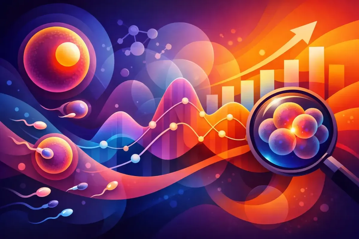 Abstract image of infographics, pie charts, and bar graphs ascending alongside sperm ascending and an egg growing in a follicle.