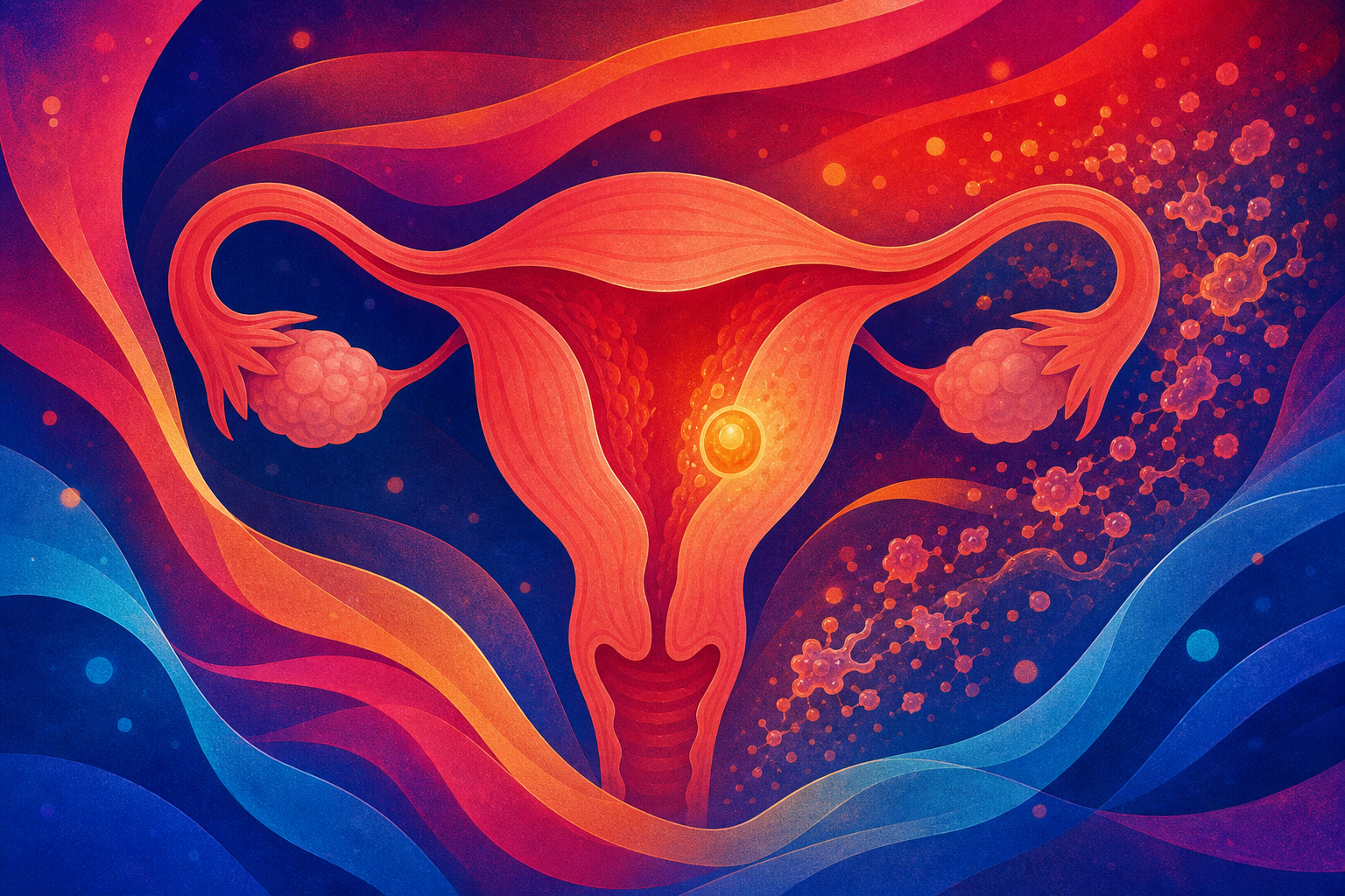 Abstract image of a uterus with a thickened muscular wall and an embryo approaching the lining, with inflammation calming around it.