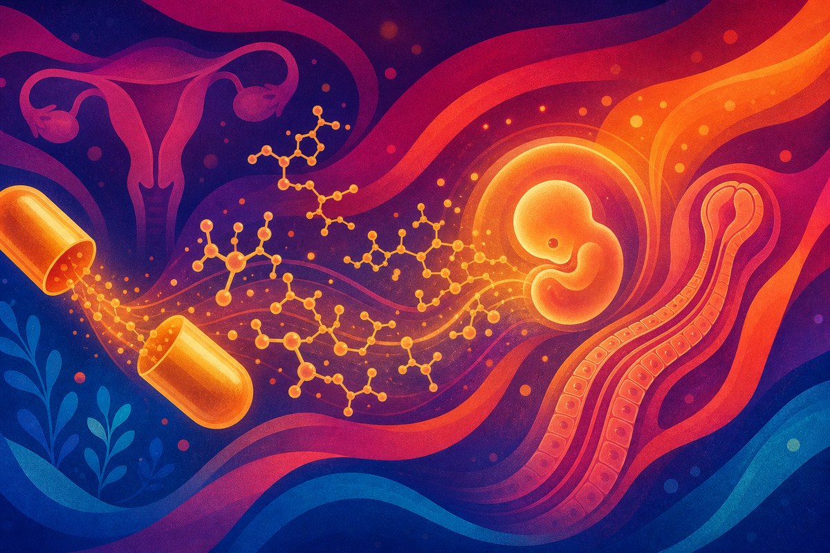 Abstract image of prenatal vitamin capsules and folate molecules flowing toward a glowing early embryo