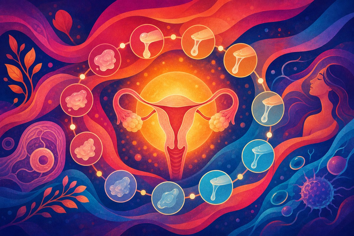 Abstract image of flowing cervical mucus ribbons shifting across a cycle arc toward a glowing golden orb