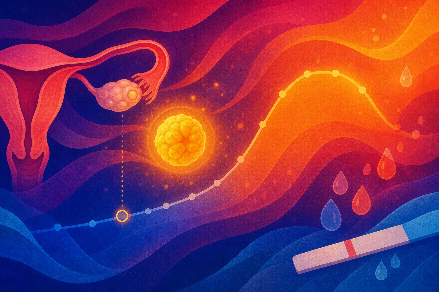 Abstract image of a rising luteal-phase progesterone curve beside a glowing corpus luteum
