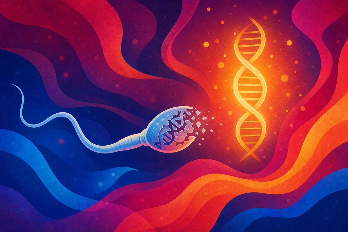 Abstract image of a sperm cell carrying a fragmenting DNA helix beside an intact glowing helix