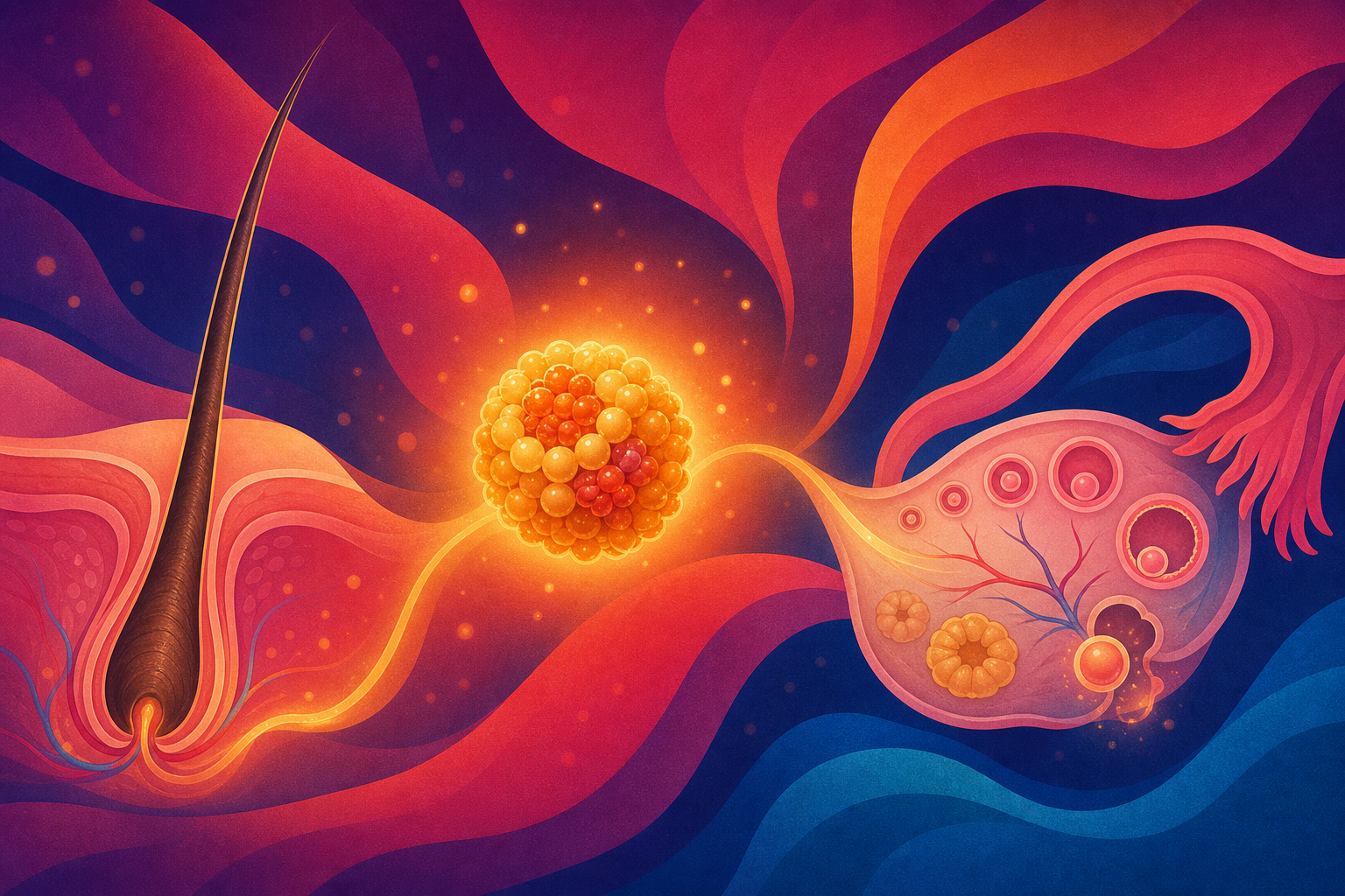 Abstract illustration of a hair follicle, an iron ferritin cluster and an ovary connected by flowing ribbons