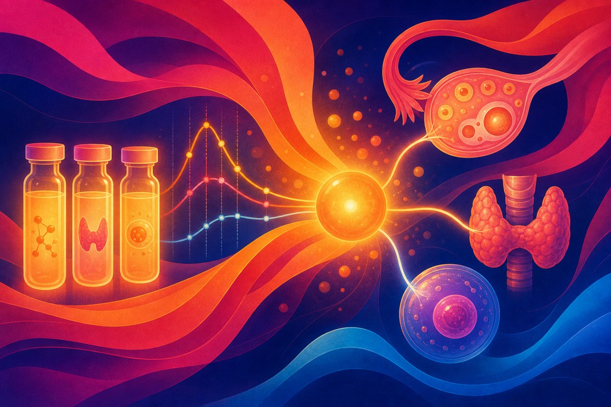 Abstract image of laboratory vials and a hormone curve linking to an ovary, thyroid and cell