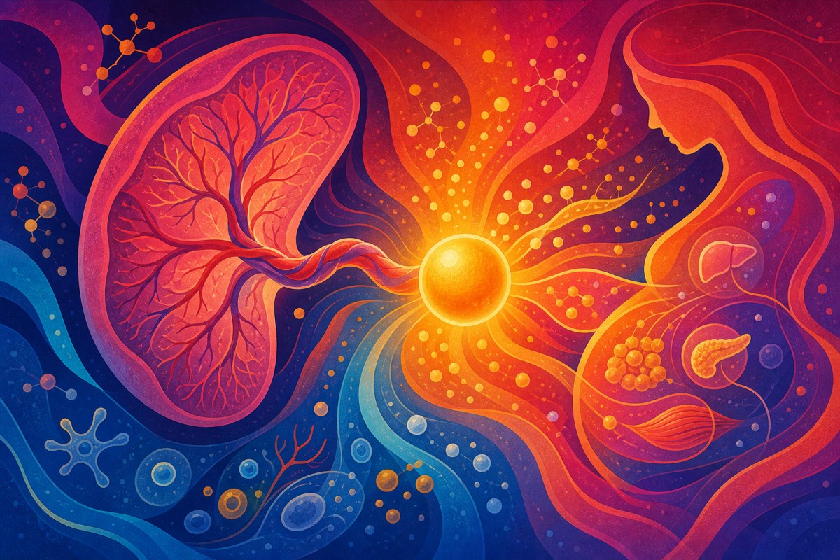 Abstract image of a placenta's branching vascular network with flowing nutrient currents