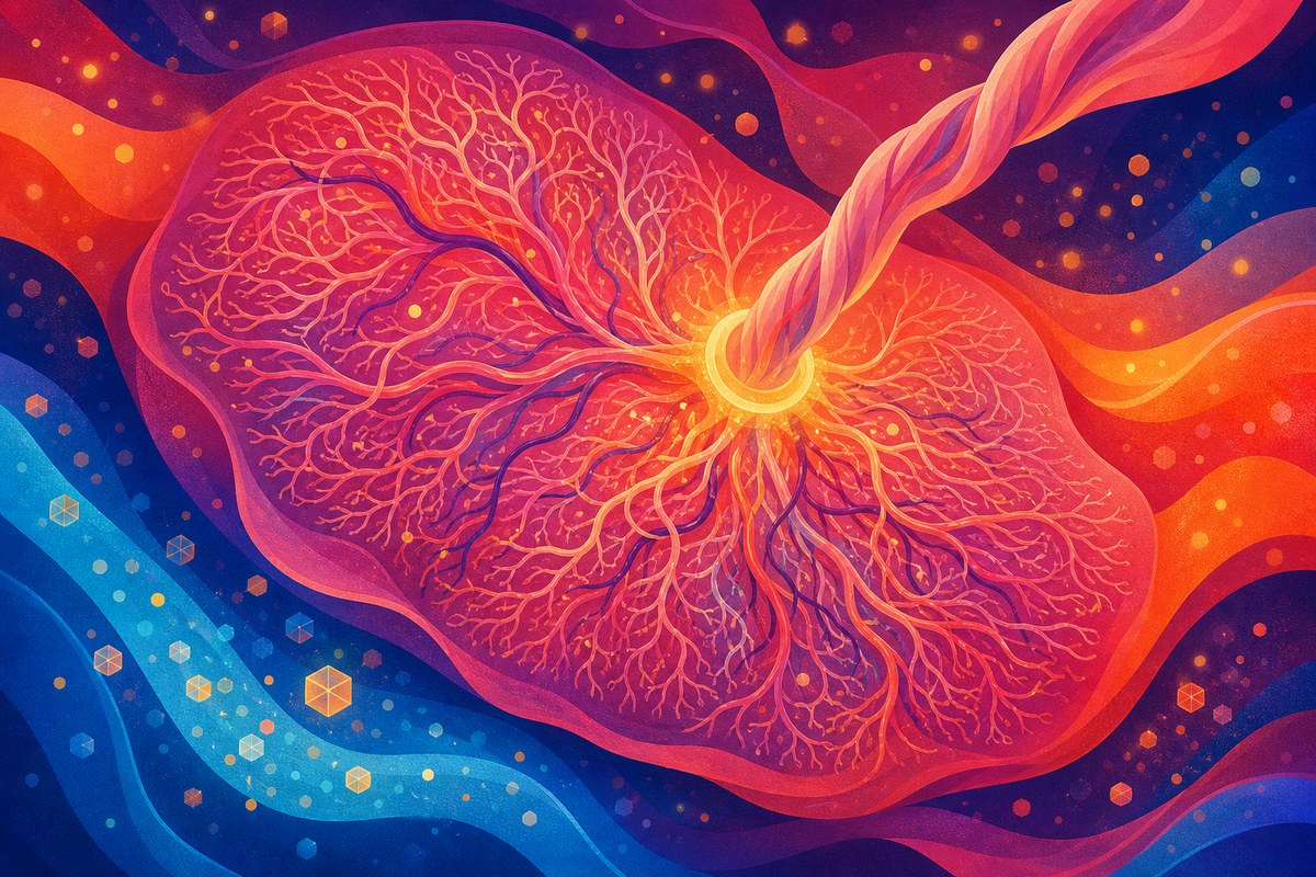 Abstract illustration of a placenta with an over-branched vascular tree and a glowing gold center
