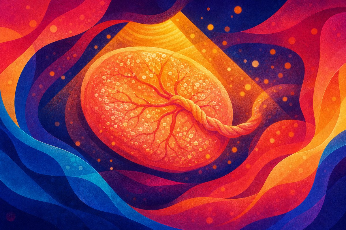Abstract ultrasound-style illustration of a placenta with fine crystalline mineral flecks