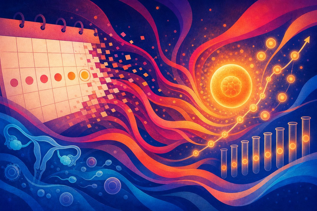 Abstract illustration of a calendar and lab markers converging on a fertility timeline