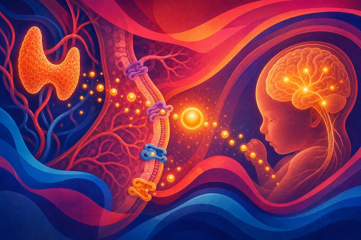 Abstract illustration of thyroid hormone signals crossing a placental barrier toward a developing fetal brain