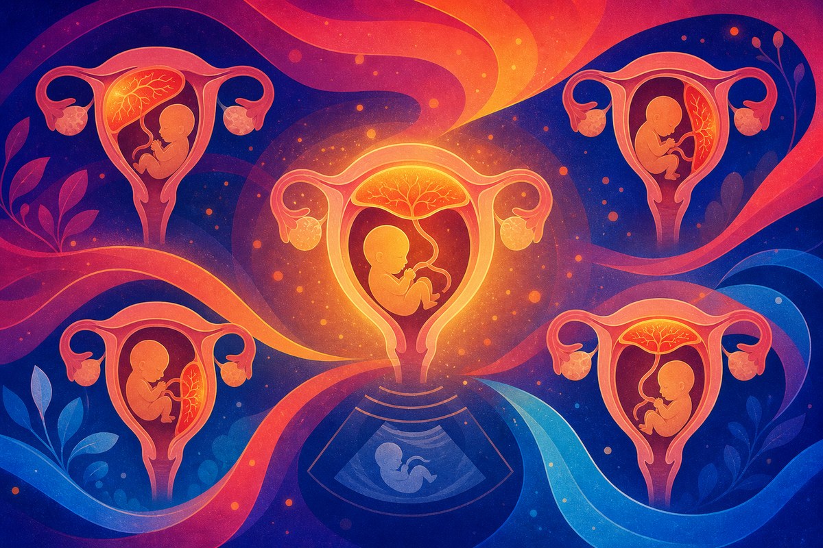 Illustration comparing anterior, posterior, lateral and fundal placental positions in the uterus