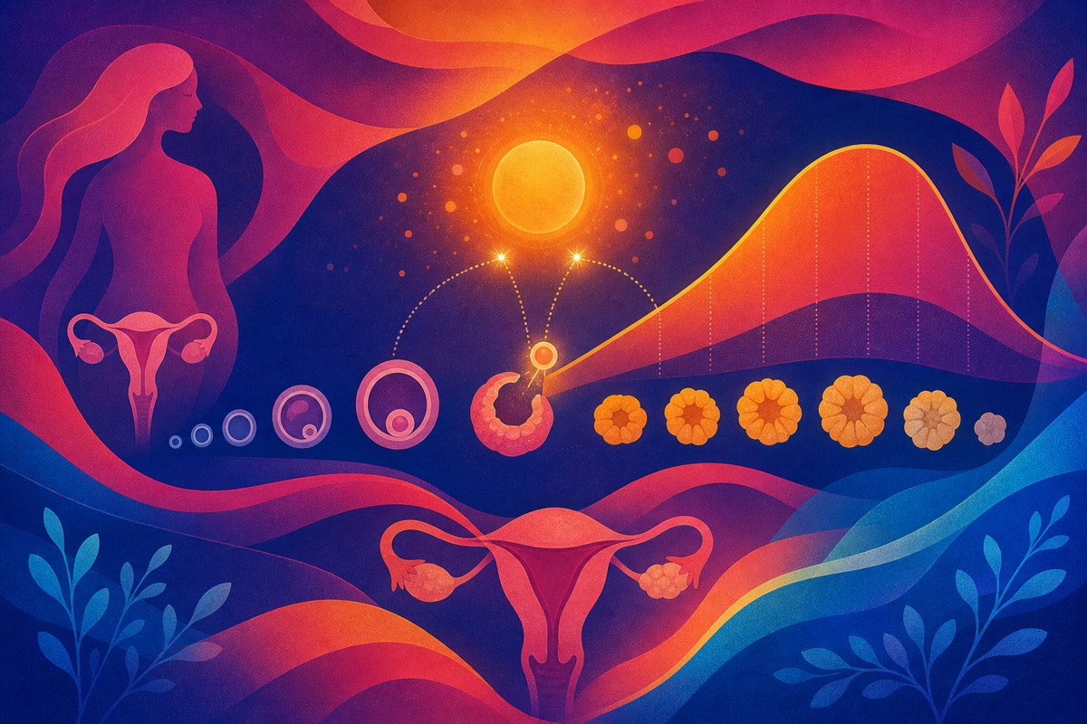 Abstract image of a menstrual cycle timeline with a progesterone rise, in flat vector editorial style