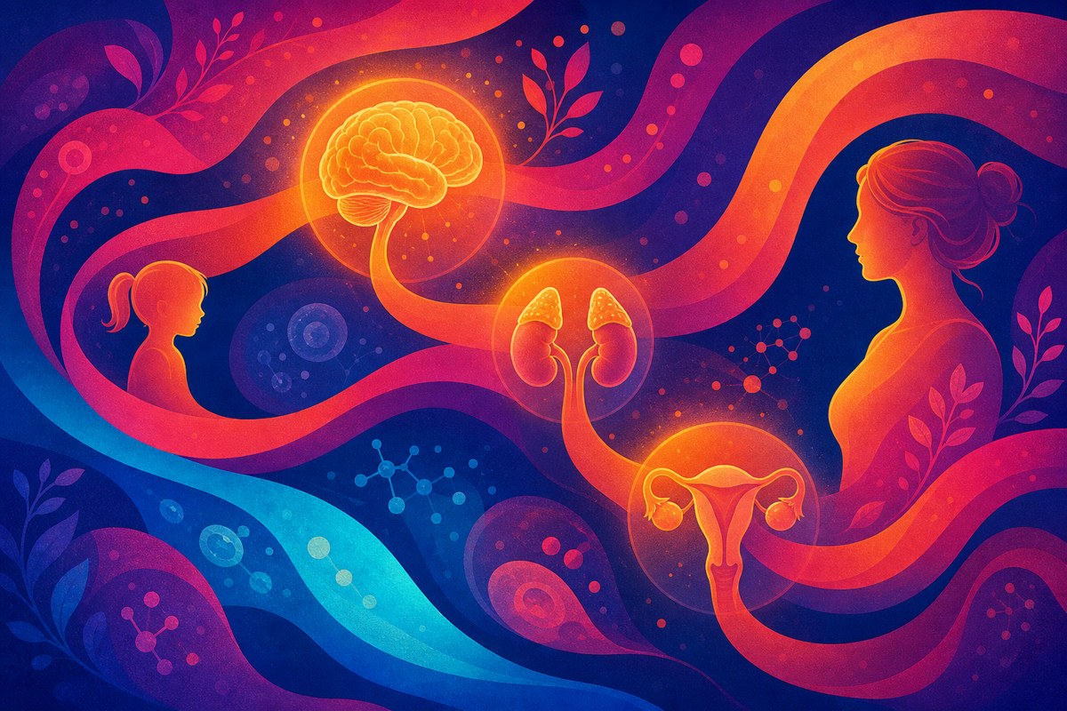 Abstract image of a nervous system pathway linking past stress to hormones