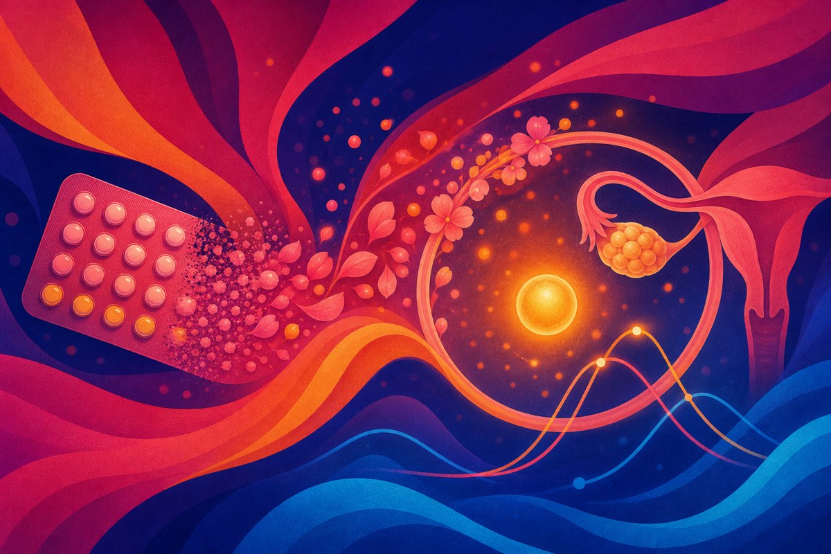 Abstract image of a menstrual cycle restarting after hormonal contraception