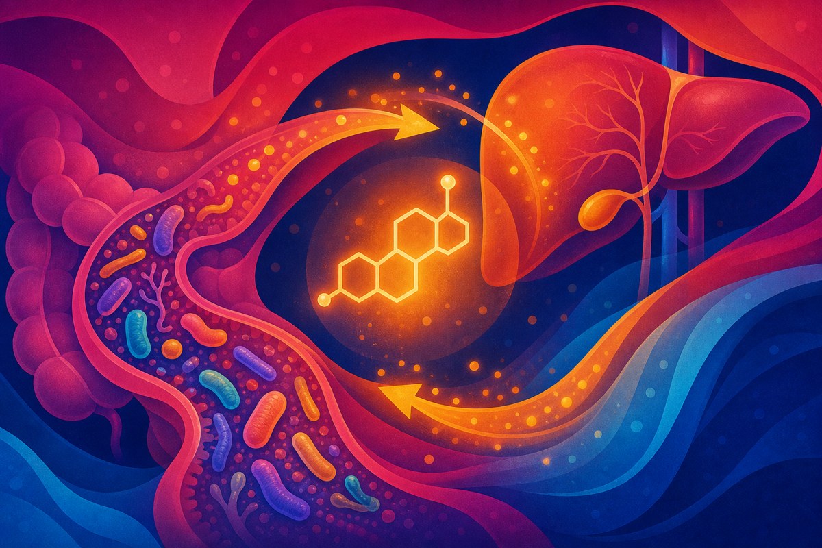 Abstract image of gut bacteria and estrogen metabolism pathways
